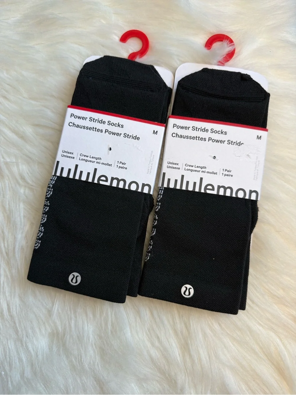 Lululemon Power Stride Crew Socks Bundle Lot 2 Black White Unisex Size M New